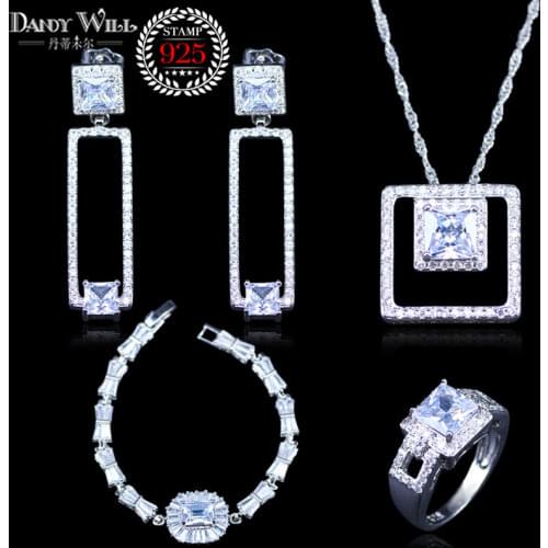 Dubai style White Cubic zircon silver color Jewelry bracelets sets for women pendants hoop earrings rings bracelets sets gift