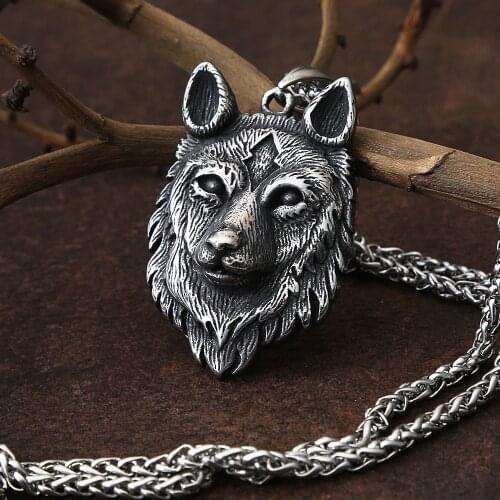 Retro Viking Wolf Necklace For Mens Chain Punk Hip Hop Fashion Stainless Steel Wolf Head Necklace Pendant Jewelry Gift
