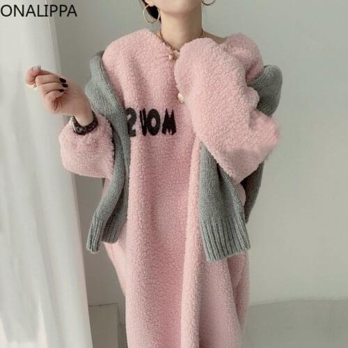 ONALIPPA Pure Color Lamb Wool Dress Female Korean Chic Lazy Round Neck Letter Patch Design Loose Wild Long-Sleeved Vestidos