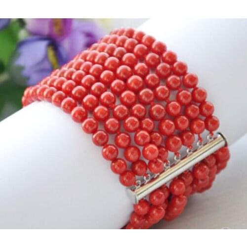 Real 8row 7.5" 6MM round red coral bead bracelet magnet style Fine jewe Noble Natural gem SHIPPING 6.02