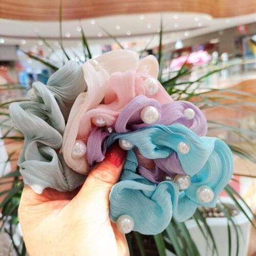 Fashion Womens Elastic Hair Rope Solid Color Pearl Rubber Band Organza Retro Girl Tie Hair Headdress Hair Accessories Gift