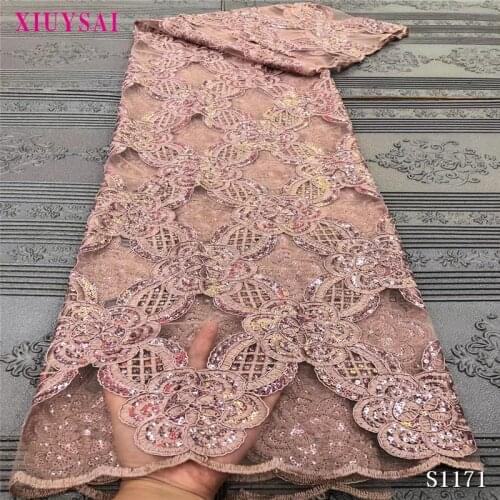 Pink African Sequins Lace Fabric 2020 High Quality Lace Material Nigerian Tulle Lace Fabrics For Wedding Dress SL1171