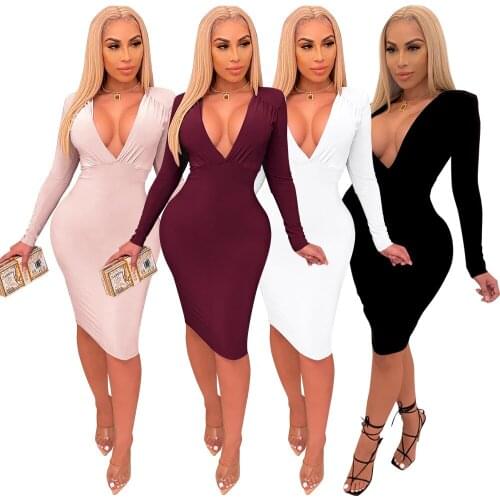 Sexy Women Deep V-Neck Low Cut Long Sleeve Midi Dress Spring Autumn Solid Color Slim Bodycon Hips Night Club Party Vestidos