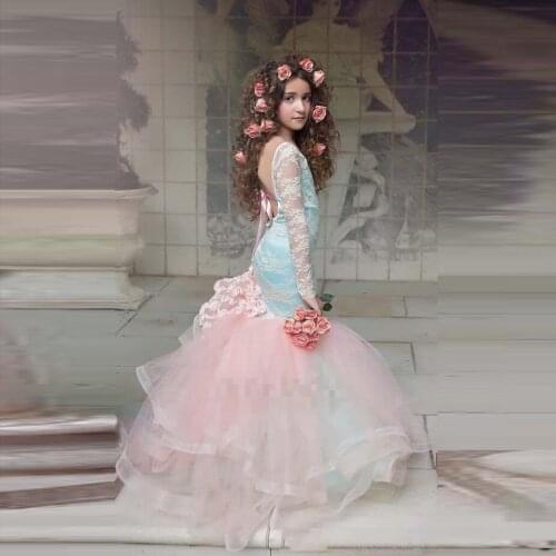 Blue And Pink Girls Pageant Gowns 2020 Lace Long Sleeves Backless Mermaid Flower Girl Dresses For Wedding Children Party dress