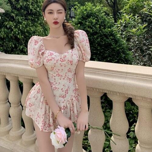 Sweet Floral Dresses For Women Kawaii Fashion Korean Sexy Beach Party Mini Dress Japanese Cute Puff Sleeve Lolita Dress Sundress