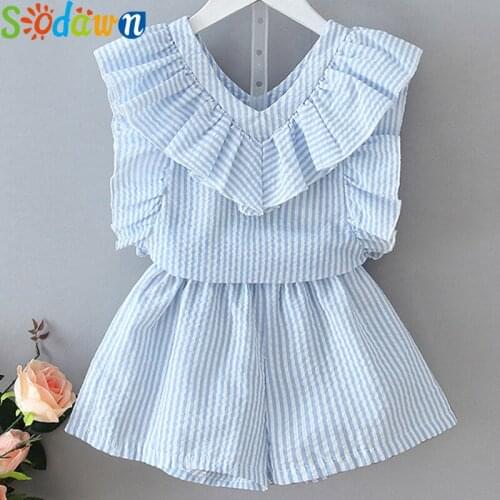 Sodawn Girls Clothing Set 2020 Korean Summer New Striped Ruffle Top T-shirt+Pants Kids Suit Toddler Baby Childrens Clothes