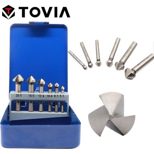 TOVIA 6pcs HSS Chamfer Drill Bit 90 Degree 3 Flutes Countersink Chamfer with Iron Case 6.3-20.5mm Chamfering Cutter Round Shank