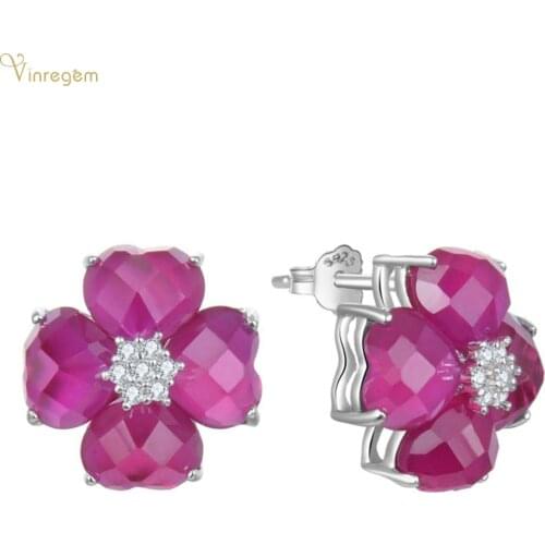 Vinregem 100% 925 Sterling Silver Ruby Gemstone Wedding Engagement Romantic Cute Flower Studs Earrings For Women Fine Jewelry
