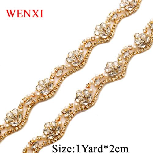 WENXI 5YARDS Wholesale Iron On Rhinestone Applique Trim For Wedding Dress WaistBand Rose Gold Crystal Delicacy Bridal sash WX810