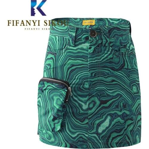 Water Ripple Print Skirt Women Big Pocket Fashion Zipper High Waist Mini Skirt Streetwear 2021 Summer Loose A-Line Skirts Female