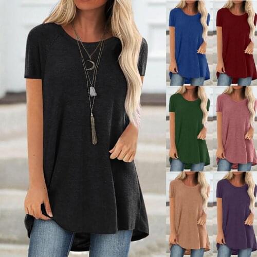 2021 Summer Women Fashion Plus Size Round Neck Short Sleeved Solid Colours Long T-shirt Tops camisetas de mujer Woman Clothes