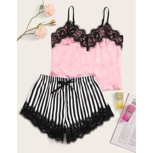 Womens striped satin pajamas set Womens V-neck lace satin striped camisole pajamas bow shorts home service suit пижама 40