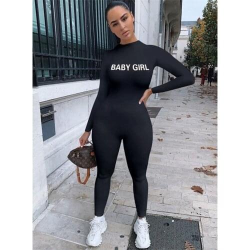 Womens Sports Romper Fall Jumpsuit Elastic Waist Letters Printed Gym Yoga Running Long Sleeve Round Collar Wear