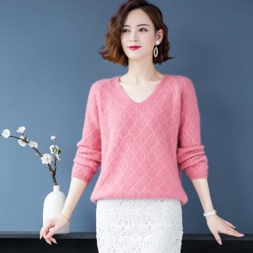 Knit sweater women spring and autumn new mink sweater v-neck knitted pullover solid color casual bottoming shirt loose top