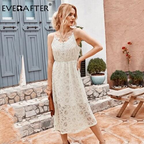 EVERAFTER 2020 Summer lace long dress women sexy v-neck sleeveless high waist slim solid Elegant chic spaghetti strap dresses