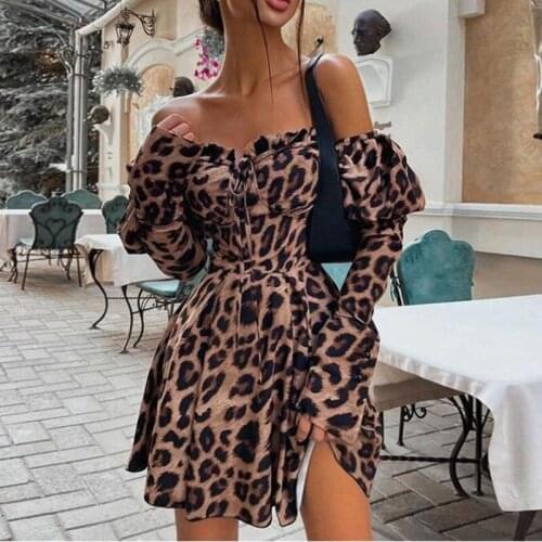 Off Shoulder Party Dresses Women 2021 Spring Autumn Long Sleeve Leopard Dress V Collar High Waist Sexy Ladies Mini Vestidos