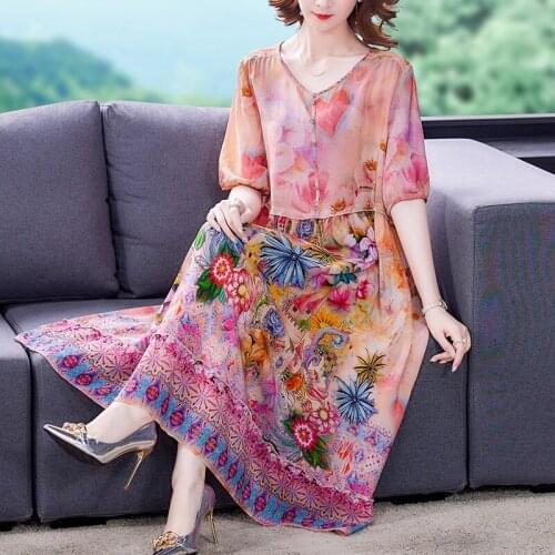 2021 Summer Red Floral Mulberry Silk Midi Dresses Vintage Casual Print Chiffon Beach Dress Women Elegant Bodycon Party Vestidos