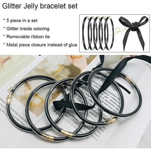 Elegant Gorgeous Lovely Bracelet 5 Pcs Set Gitter Filled Stardust Stack Silicone Circles Bangles Women Bowknot Jelly Bangles