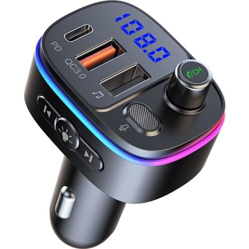 Car FM Transmitter Bluetooth 5.0 Handsfree Mp3 Player with PD Type C QC3.0 USB Fast Charging Port Colorful Light Accessories