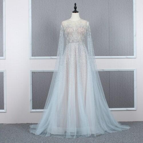 Very Long Sleeves Tulle Gown Sparkly Sequins Evening Dress Illusion Top A Line Prom Party Dresses with Train