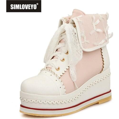 SIMLOVEYO 2021 Sweet Ankle Boots Lolita Appliques Platforms Lace Up Candy Color Cosplay Thick Sole Shoes Pink Beige Red A4523