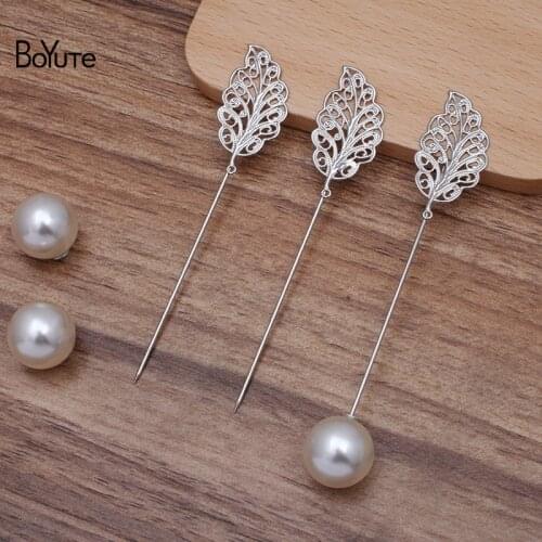 BoYuTe (20 Pieces/Lot) White K Plated Filigree Feather Flower Leaf Lapel Pin Diy Brooch Pins Jewelry Accessories