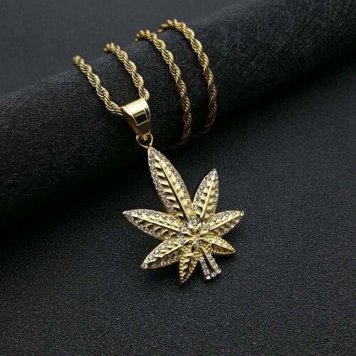 Hip Hop Iced Out Bling Hemp Leaf Pendant Necklaces Male Gold Color Stainless Steel Chains For Men Jewelry Gifts Dropshipping