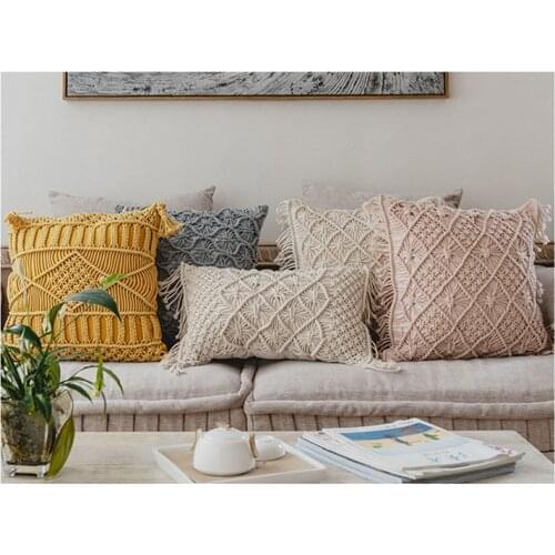 Decorative Cushion/ Yellow Pink Grey Hand Made Woven/Tassels Home Decoration Macrame Pillow Case For Sofa Bed
