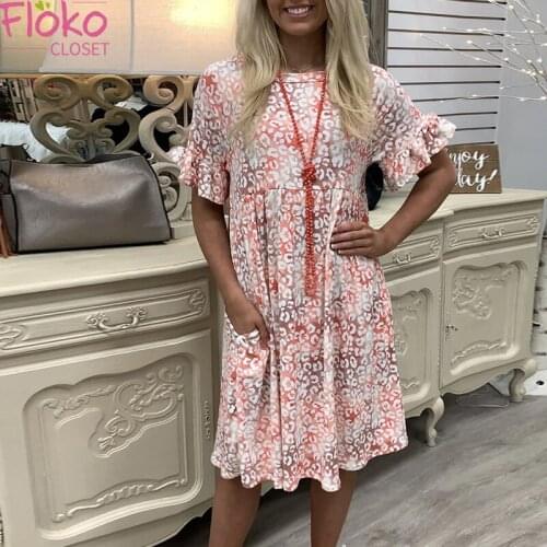 Flokocloset Casual Short Sleeve Leopard Print Pocket Dress Summer O-Neck Loose Party Midi Dresses for women