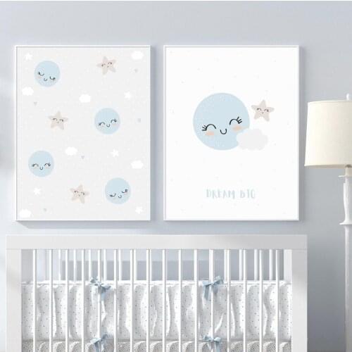Cartoon Sweet Smiley Kids Wall Art Canvas Painting Nursery Blue Star Cloud Big Dream Pictures and Posters Baby Room Home Decor