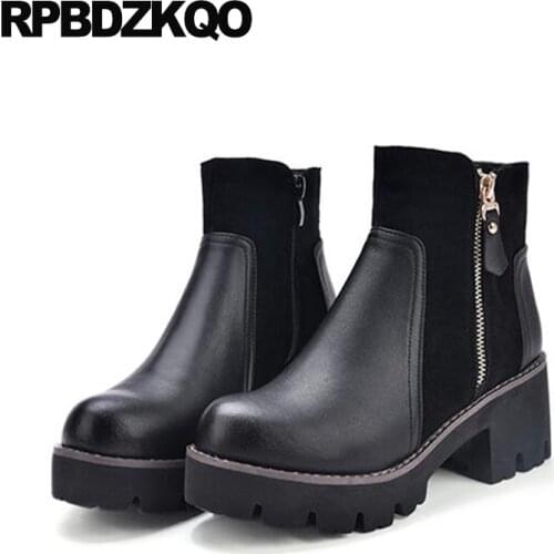 Round Toe Casual Shoes Women Ankle Boots Medium Heel High Chunky Black Platform Booties Autumn Fur Chinese Short Winter New