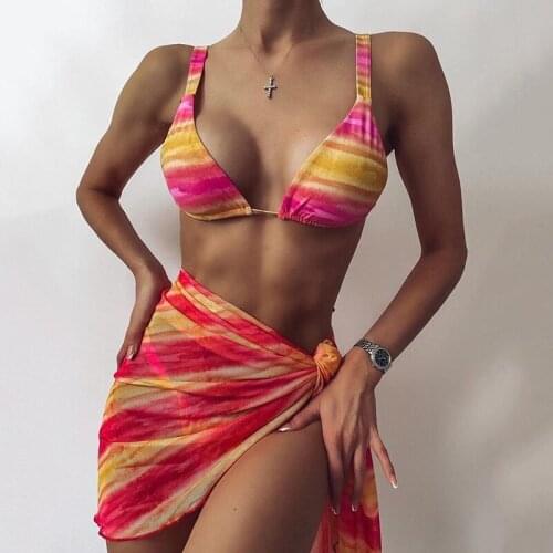 Tie Dye Micro Thong Bikini Women Swimsuit Female Mesh Swimwear 3 pieces Bikini set with Skirt beach wear bathing suit Swim Lady