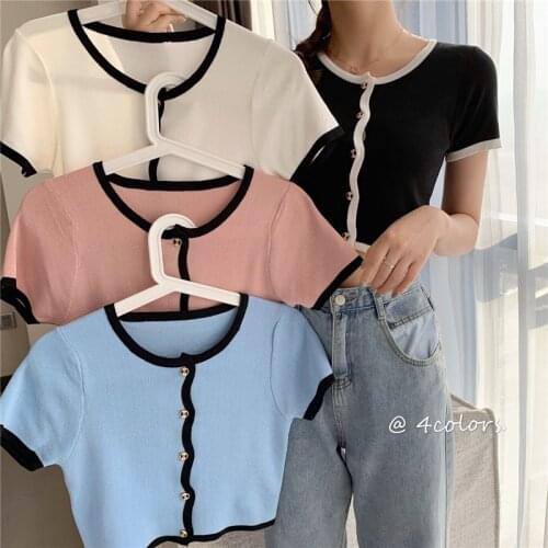 Summer Women Knitted Shirt Patched O-Neck Short Sleeve Buttons Slim Thin Short Tops