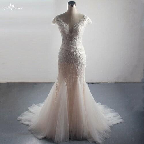 LZ310 Luxury Beading Wedding Dress Sexy Side Split Mermaid Dress Glittering Crystal Pearls Sleeveless Tassel Bridal Dress