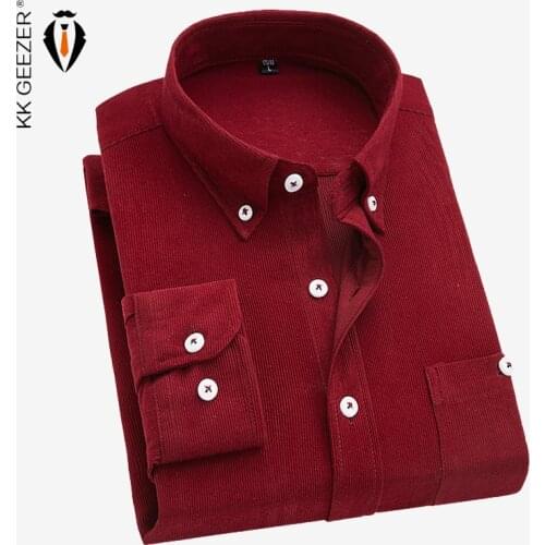 Men Shirt Flannel Long Sleeve Corduroy Dress Formal Shirt Twill Solid Color Slim Fit Pocket High Quality Oversize Dropshipping