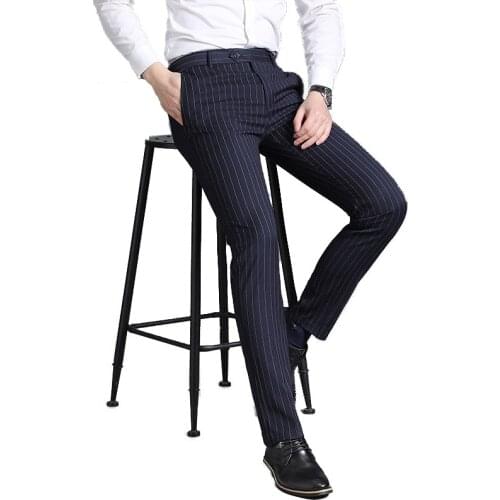 Men Suit Pants 2020 Spring Men Business Suits Pants Mens Dress Pant Slim Homme Stripe Trousers Male Navy Blue Formal Pants