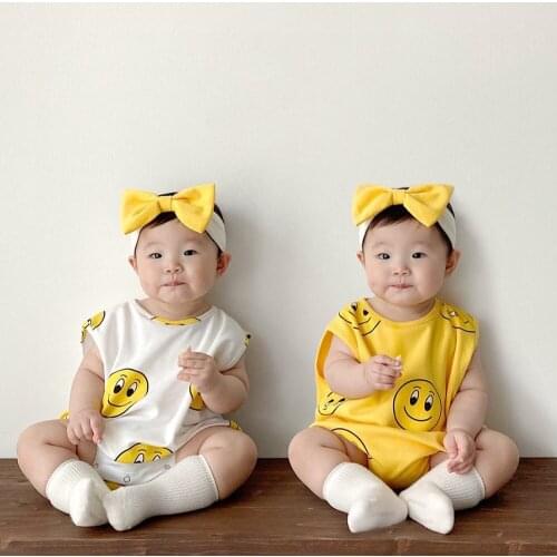 7992 Newborn Baby Clothes Summer New Baby Girl Bodysuit Thin Cute Smile Face Printed Baby Boy One Piece Clothes with Headband