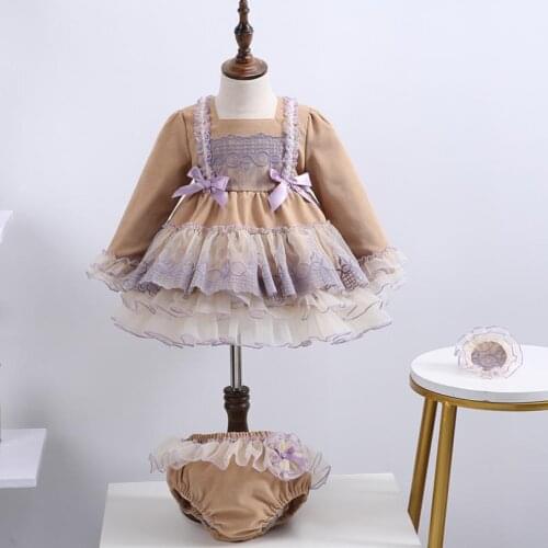 2PCS Winter Spanish Lolita Princess Dress Lace Bow Stitching Flare Sleeve Ball Gown Birthday Party Easter Dress For Girls Y3743