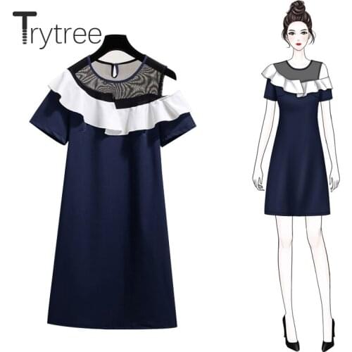 Trytree 2020 Summer Woman Casual Dress O-neck Patchwork Ruffles Solid A-line 2 Color Fashion Elegant Temperament Mini Dress