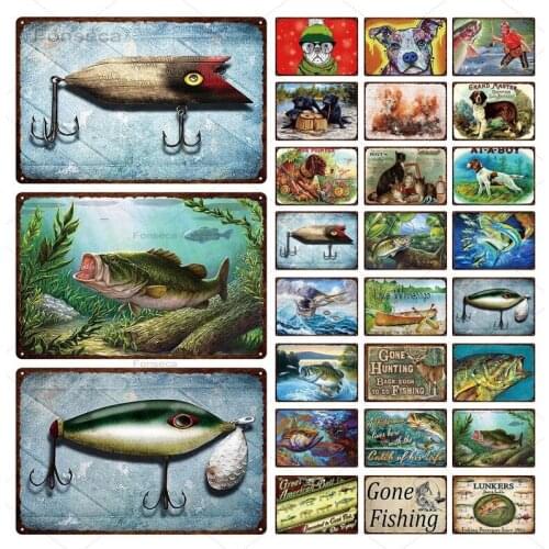Fish dog Metal Sign Plaque fishing Vintage Metal Poster Plate Home Kitchen Restaurant Decoration Wall Art Decor Iron Painting