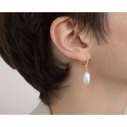 Natural pearl 10mm white oval rice pearl gold hook dangle earrings women Jewelry Earrings freshwater pearl party gift