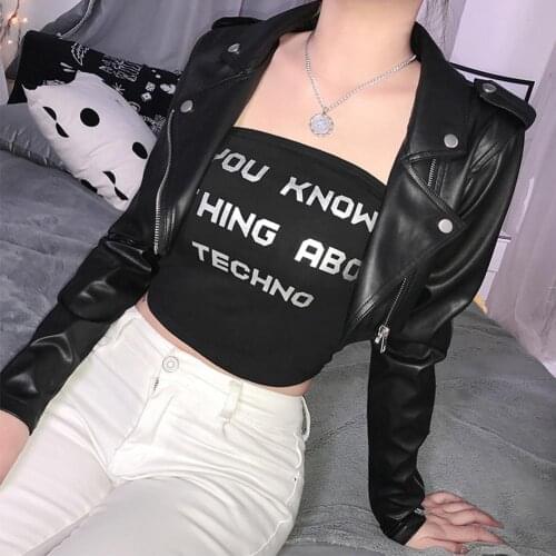 Chic Women Lapel Collar Diagonal Zip Cuff Buttons Decor Micro Motorcycle Jacket Micro jacket pair crop top show beauty waistline