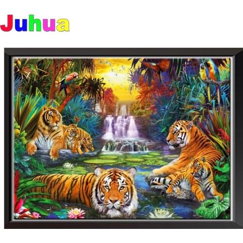 Waterfall Tiger Parrot 5d Diy Diamond Painting Full Square Round drill Picture Of R hinestone Embroidery Jungle Animal Wall Art