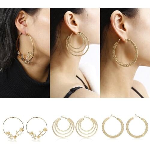 Youvanic Punk Vintage Big Flower Hoop Earrings For Women Fashion Exaggerated Hoops Gold Round Earring Female Brinco Jewelry 1716