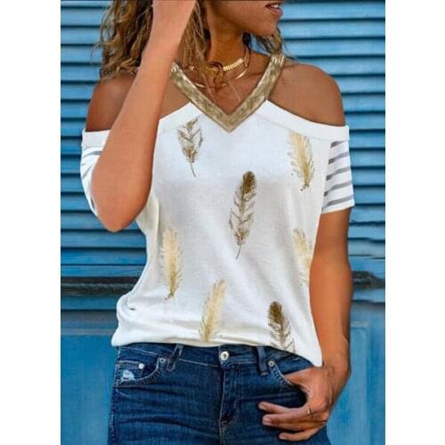 Womens Summer Sexy V-neck Off Shoulder Tops Feather Print Loose Short Sleeve T-shirt Casual Pullover Shirt Roupas Femininas