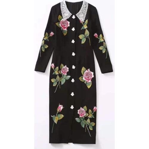 European and American womens wear 2020 winter new style Long-sleeved lace lapels Rose embroidery Fashionable dress