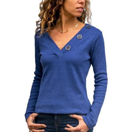 Women Solid Color V Neck Long Sleeve Buttons Slim Blouse Pullover Bottoming Top