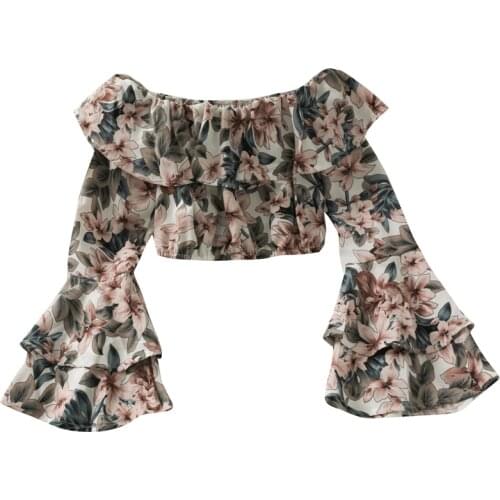 2021 Summer Fashion Womens Shirt with Ruffled Neckline Off-shoulder Flared Sleeve Casual Shirt Long-sleeved Short Printed Top