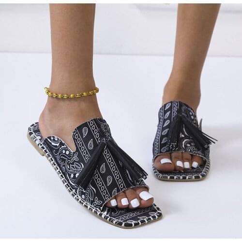 Print Women Slippers Retro Style Totem Fringe Decor Square Toe Flat Ladies Summer Shoes Women Sandals Comfort Outside Slides