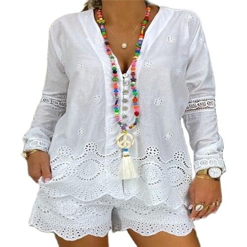 Summer White Two Piece Set Women 2021 Casual Shorts Sets Long Sleeve Elegant Drawstring Shorts V-Neck Plus Size Shorts Mujer Set